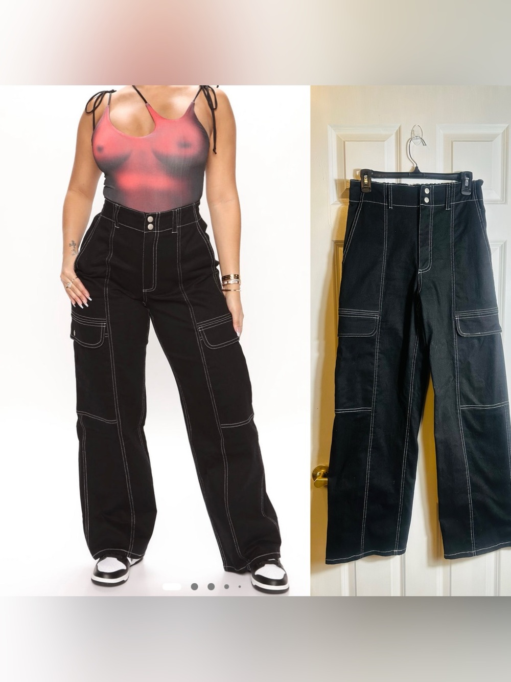 High-Rise Black Wide-Leg Cargo Pants with Contrast Stitching